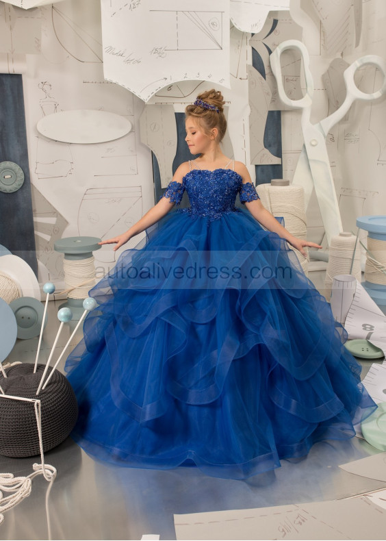 Beaded Royal Blue Lace Tulle Ruffled Flower Girl Dress